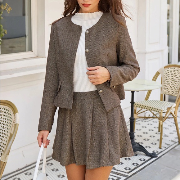 Rihoas Brown Herringbone A-Line Pockets Pleated Mini Skirt - Picture 3 of 6